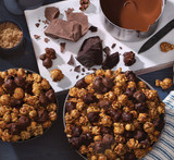 Overhead view of Hot Cocoa CaramelCrisp Mix in a kitchen scene with ingredients