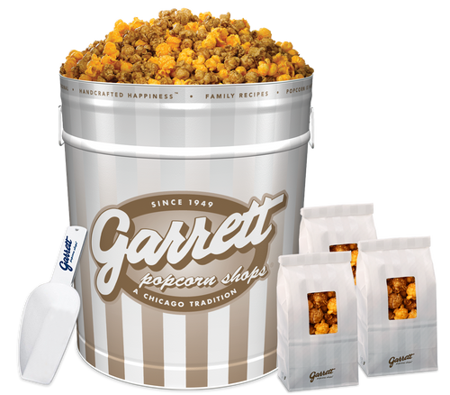 Garrett Popcorn Shops DIY Gourmet Favors - Signature Platinum Celebration Tin of Garrett Mix with Bags of Garrett Mix and a Scoop