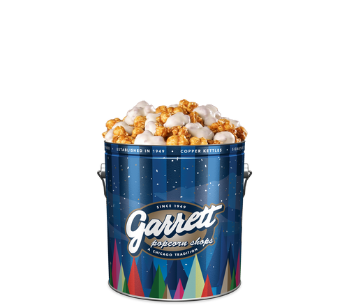 Garrett Popcorn White Chocolate CaramelCrisp Mix in Blue Holiday Spruce Tin