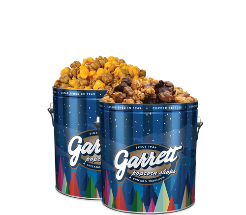 Garrett Popcorn Shops Blue Holiday Spruce Classic Tin of Garrett Mix with Blue Holiday Spruce Classic Tin of Hot Cocoa CaramelCrisp Mix